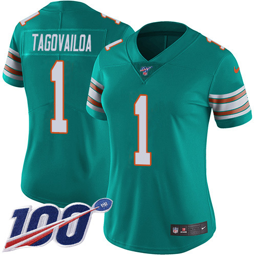 Nike Miami Dolphins 1 Tua Tagovailoa Aqua Green Alternate Women Stitched NFL 100th Season Vapor Untouchable Limited Jersey